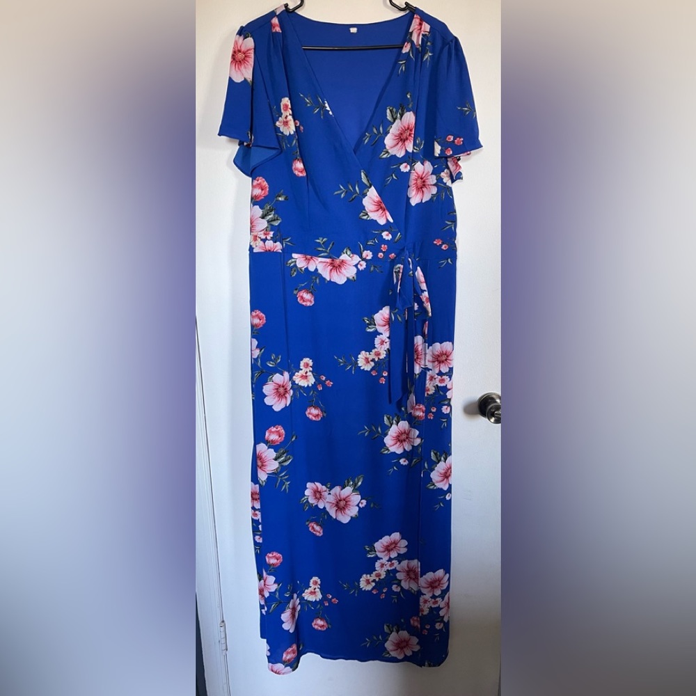 2x blue and pink mock wrap dress